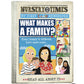 Children's crinkly newspaper titled 'What Makes a Family?' by Nursery Times on a white background