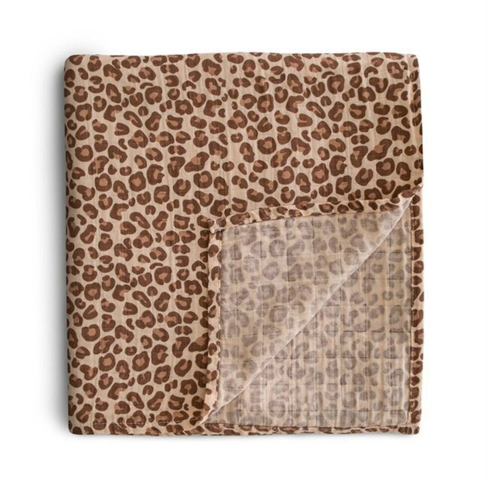 Mushie Leopard Print Muslin Swaddle Out The Box Baby Gifts